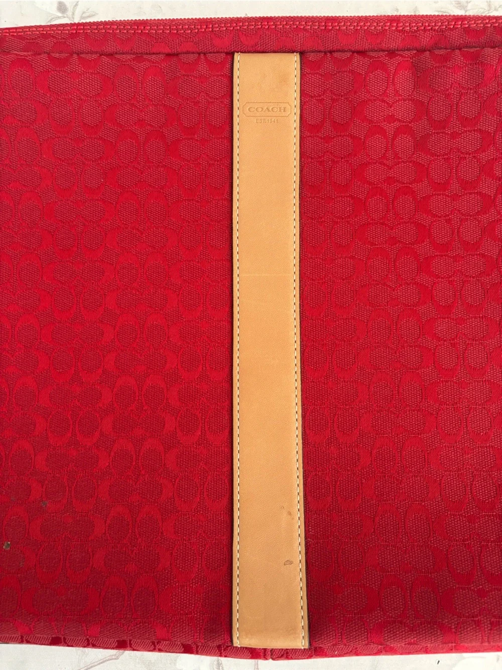 Coach Red Canvas Laptop Sleeve with Tan Leather Center Stripe
